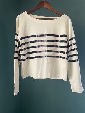 J. Crew White Boatneck Sweatshirt with Black Sequin Stripes